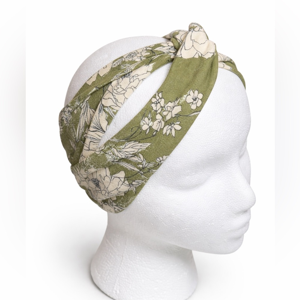 Floral Twist Knot Headband Green Cream Boho Stretch Hair Band